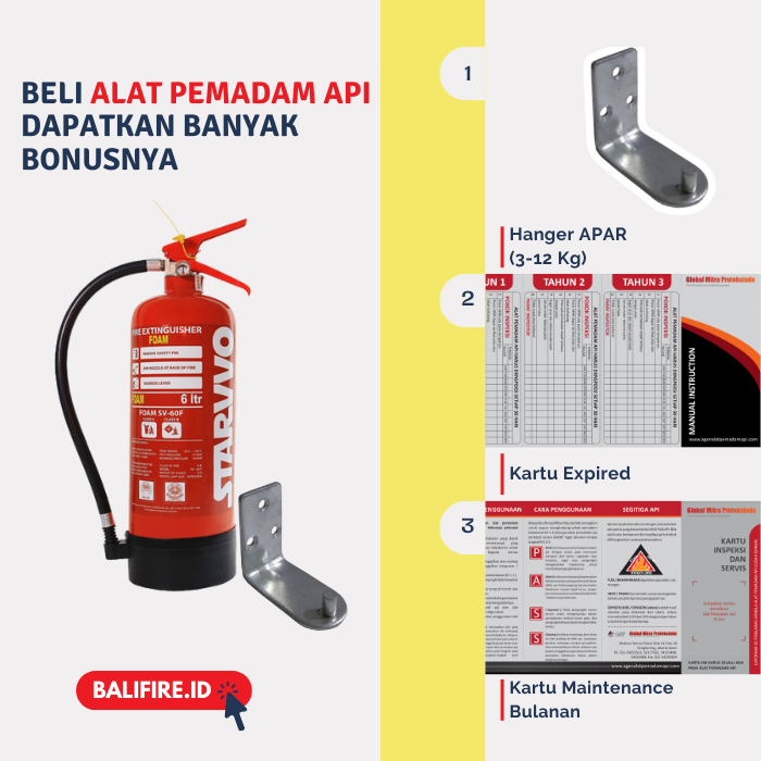 Beli Alat Pemadam Api STARVVO Foam AFFF dan Dapatkan Gratis Hanger, Kartu Expired, serta Kartu Maintenance Bulanan